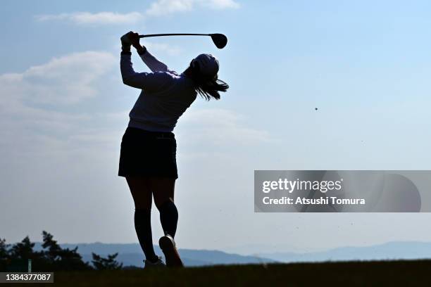 Sakura Koiwai of Japan hits her tee shot on the 4th hole during the second round of the Meiji Yasuda Life Ladies Yokohama Tire Golf Tournament at...