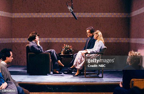 Episode 9 -- Aired -- Pictured: Nora Dunn as Denise Venetti, Phil Hartman as Len Sather, Jan Hooks as Ann Sather during the "Learning to Feel" skit...