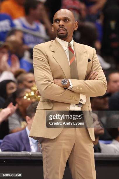Head coach Jerry Stackhouse of the Vanderbilt Commodores looks on during the first half against the Kentucky Wildcats in the Quarterfinal game of the...