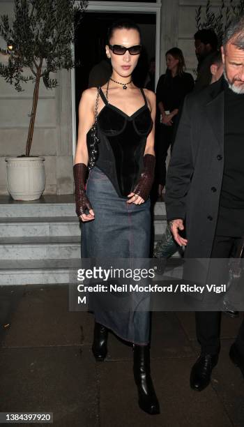Bella Hadid seen attending a Burberry dinner at The Twenty Two on March 11, 2022 in London, England.