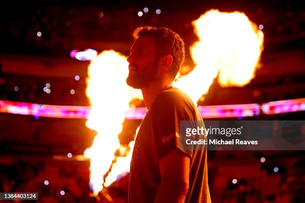Kevin Love of the Cleveland Cavaliers looks on prior to the game against the Miami Heat at FTX Arena on March 11, 2022 in Miami, Florida. NOTE TO...