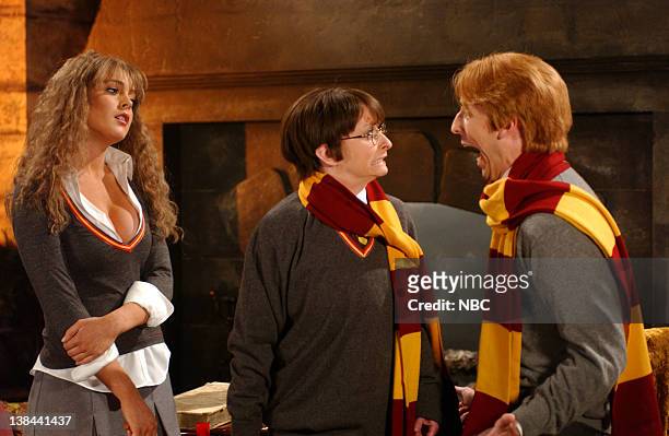 Episode 18 -- Air Date -- Pictured: Lidsay Lohan Hermione, Rachel Dratch as Harry Potter, Seth Meyers as Ron during the "Hogwarts Academy" skit on...