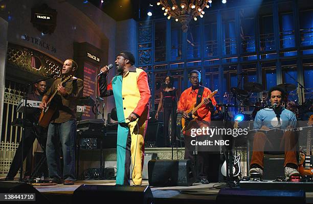 Episode 16 -- Air Date -- Pictured: Jack Johnson, Frederick "Toots" Hibbert, Ben Harper, with musical guest Toots & the Maytals performing the song...