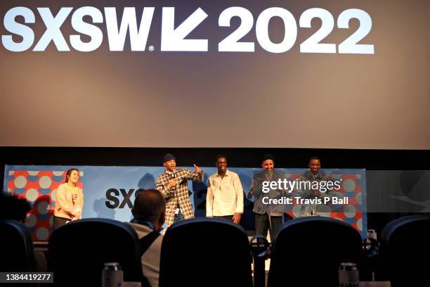 Reggie Yates, Jordan Peters, Reda Elazouar, and Elliot Edusah speak onstage during "Pirates" Premiere during the 2022 SXSW Conference and Festivals...