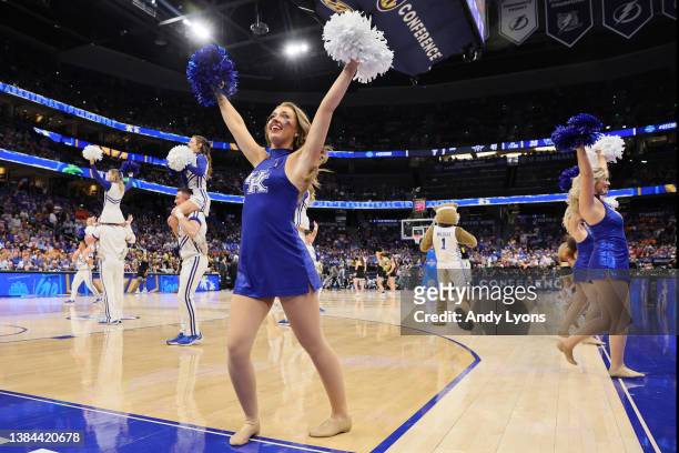 Kentucky Wildcats cheerleaders cheer during a timeout during the second half against the Vanderbilt Commodores in the Quarterfinal game of the SEC...