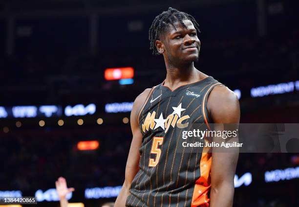 Mo Bamba of the Orlando Magic reacts after scoring a three-point basket in the fourth quarter against the Minnesota Timberwolves at Amway Center on...