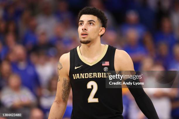 Scotty Pippen Jr. #2 of the Vanderbilt Commodores looks on during the second half against the Kentucky Wildcats in the Quarterfinal game of the SEC...