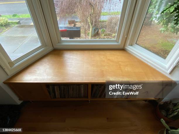 high angle view of a custom built nook in a bay window - nook architecture ストックフォトと画像