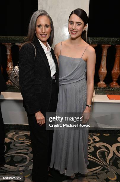 Andie MacDowell and Margaret Qualley attend the AFI Awards Luncheon at Beverly Wilshire, A Four Seasons Hotel on March 11, 2022 in Beverly Hills,...