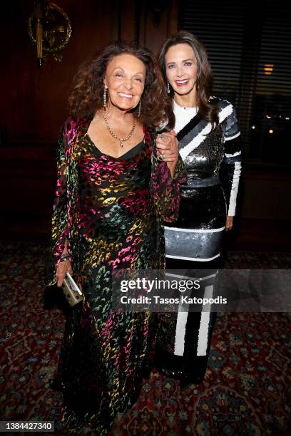 Diane von Furstenberg and Lynda Carter at the Justice Ruth Bader Ginsburg Woman of Leadership Award on March 11, 2022 in Washington, DC honoring...