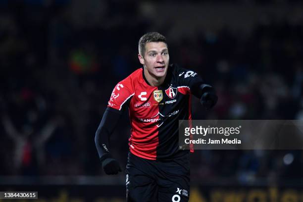 Julio Furch of Atlas celebrates after scoring his team's second goal during the 10th round match between FC Juarez and Atlas as part of the Torneo...