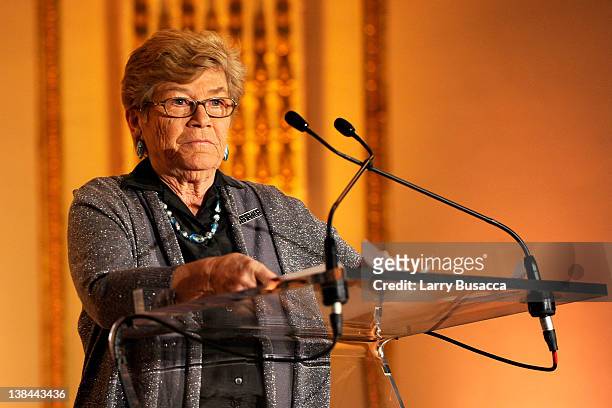Broadcaster AFTRA Foundation President Shelby Scott speaks at the AFTRA Foundation's 2012 AFTRA Media and Entertainment Excellence Awards in the...