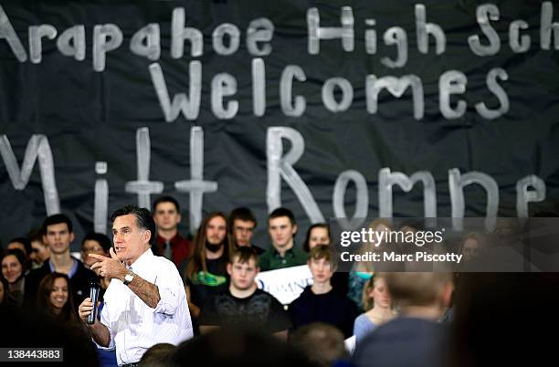 Republican presidential candidate, former Massachusetts Gov. Mitt Romney speaks during an appearance at a Grassroots Rally at Arapahoe High School on...