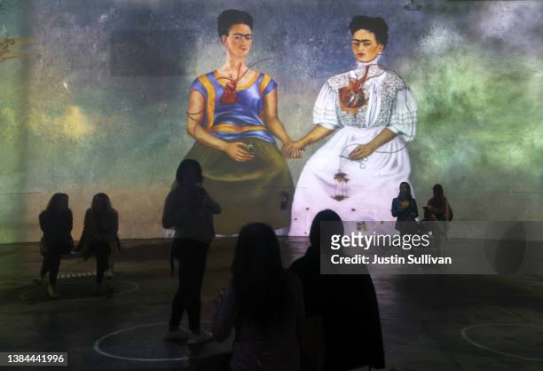 Guests view the Immersive Frida Kahlo Exhibit during a media preview at SVN West on on March 11, 2022 in San Francisco, California. “Immersive Frida...