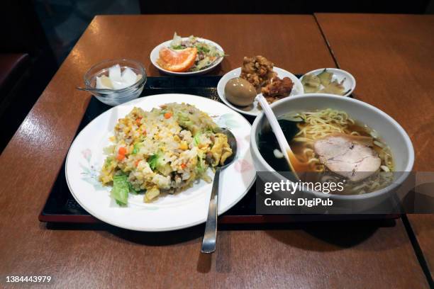 fried rice and ramen, chuka half and half lunch teishoku w/ side dish buffet service - almond jelly stock pictures, royalty-free photos & images
