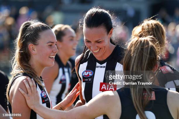 Alison Downie of Collingwood celebrates her teams win after the round 10 AFLW match between the Collingwood Magpies and the Richmond Tigers at...