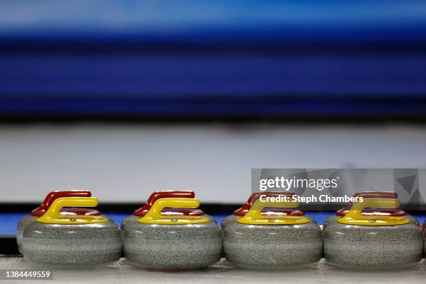 Curling stones are seen lined up prior to the Wheelchair Curling Gold Medal Game between Sweden and the People's Republic of China on day eight of...