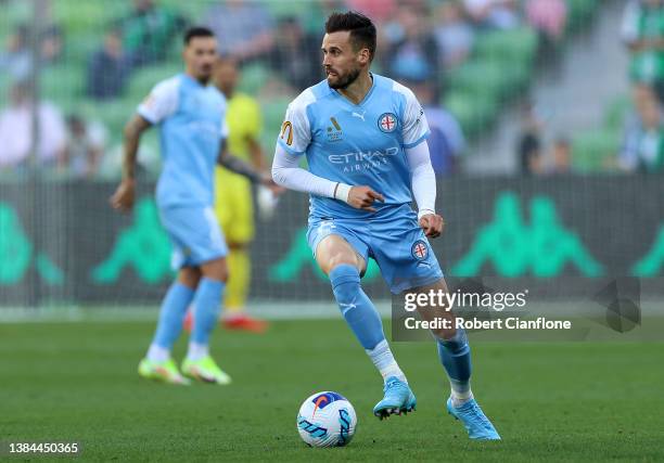 Carl Jenkinson of Melbourne City controls the ball during the A-League Mens match between Western United v Melbourne City at AAMI Park, on March 12...