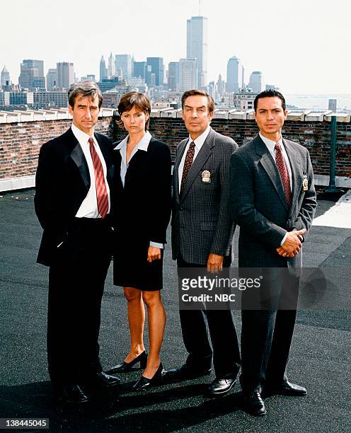 Season 7 -- Pictured: Sam Waterston as Executive A.D.A. Jack McCoy, Carey Lowell as A.D.A. Jamie Ross, Jerry Orbach as Detective Lennie Briscoe,...
