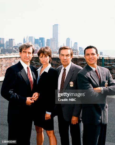 Season 7 -- Pictured: Sam Waterston as Executive A.D.A. Jack McCoy, Carey Lowell as A.D.A. Jamie Ross, Jerry Orbach as Detective Lennie Briscoe,...