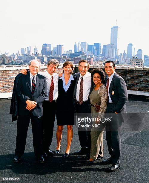 Season 7 -- Pictured: Steven Hill as D.A. Adam Schiff, Sam Waterston as Executive A.D.A. Jack McCoy, Carey Lowell as A.D.A. Jamie Ross, Jerry Orbach...
