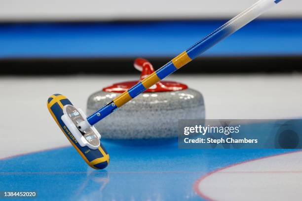 Broom from Team Sweden is seen during the Wheelchair Curling Gold Medal Game against People's Republic of China on day eight of the Beijing 2022...
