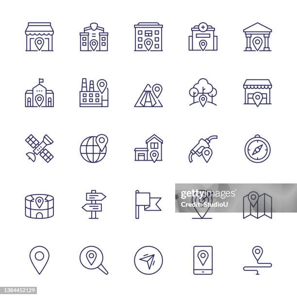 navigation editable stroke line icons - venues and sites stock illustrations