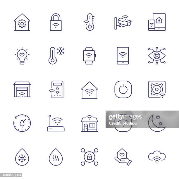 ilustrações de stock, clip art, desenhos animados e ícones de smart home systems editable stroke line icons - fluxo de dados