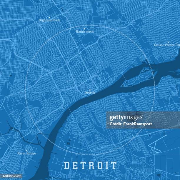 detroit mi city vector road map blue text - detroit michigan map stock illustrations