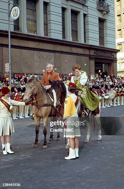 Macy's Thanksgiving Day Parade -- Pictured: Parade hosts Lorne Greene and Betty White