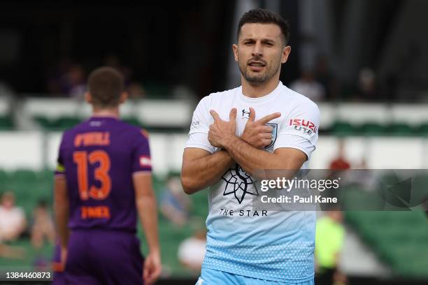 Kosta Barbarouses of Sydney celebrates a goal during the A-League Mens match between Perth Glory and Sydney FC at HBF Stadium, on March 12 in Perth,...