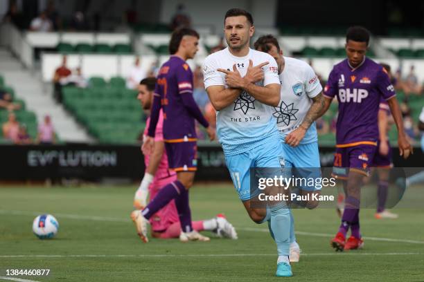 Kosta Barbarouses of Sydney celebrates a goal during the A-League Mens match between Perth Glory and Sydney FC at HBF Stadium, on March 12 in Perth,...