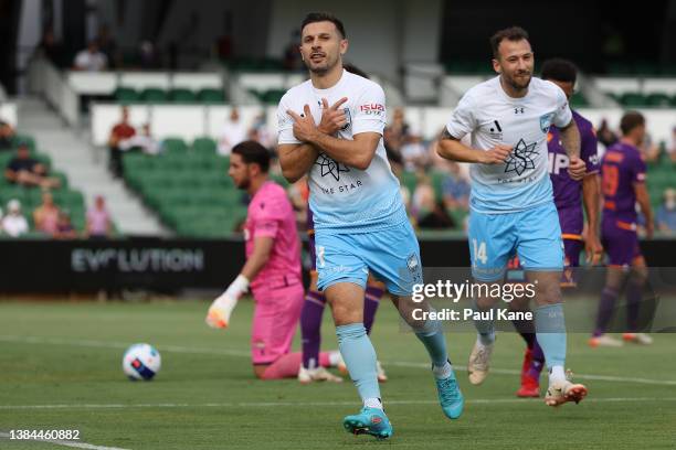 Kosta Barbarouses of Sydney celebrates a goal during the A-League Mens match between Perth Glory and Sydney FC at HBF Stadium, on March 12 in Perth,...