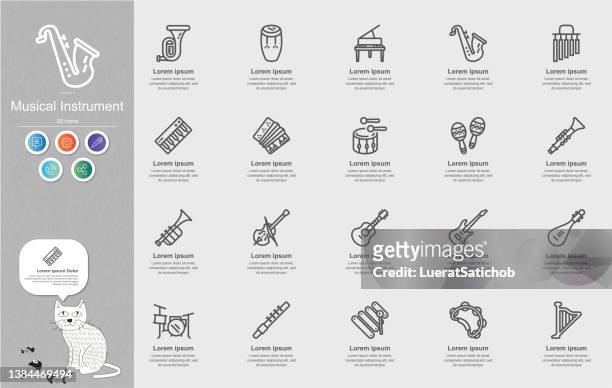 musical instrument  line icons content infographic - gramophone vector stock illustrations