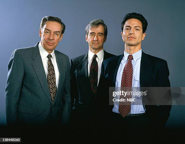 Season 6 -- Pictured: Jerry Orbach as Detective Lennie Briscoe, Sam Waterston as Executive A.D.A. Jack McCoy, Benjamin Bratt as Detective Rey Curtis