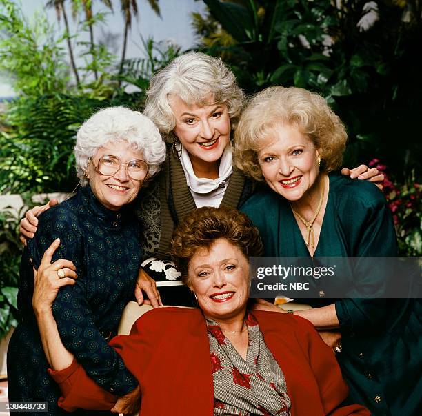 Season 5 -- Pictured: Estelle Getty as Sophia Petrillo, Bea Arthur as Dorothy Petrillo Zbornak, Betty White as Rose Nylund, Rue McClanahan as Blanche...