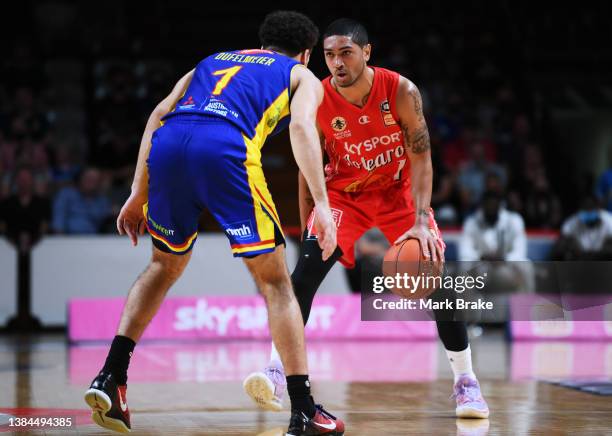Tad Dufelmeier of the 36ers guards Taine Murray of the Breakers during the round 15 NBL match between New Zealand Breakers and Adelaide 36ers at the...