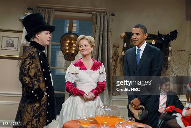 Episode 4 -- Aired -- Pictured: Darrell Hammond as Bill Clinton, Amy Poehler as Hillary Clinton, Barack Obama during "Clinton Halloween Party" skit