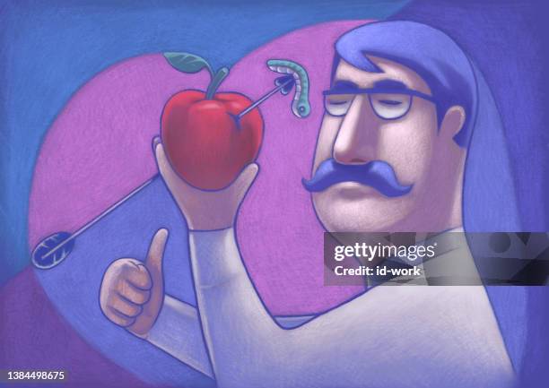 man holding apple and gesturing thumbs up - hands clapping drawing stock illustrations