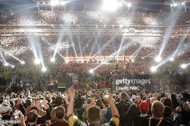 Airdate -- Pictured: Bruce Springsteen and the E Street Band perform during the Super Bowl Halftime show on NBC