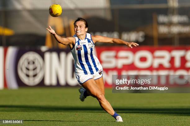 Ashleigh Riddell of the North Melbourne Kangaroos in action during the round 10 AFLW match between the North Melbourne Kangaroos and the West Coast...