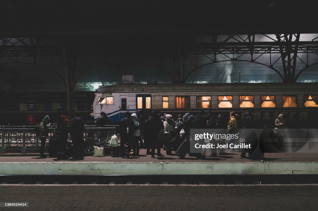 People waiting for a train in Lviv, Ukraine