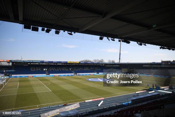 General view of the stadium before the 3. Liga match between Eintracht Braunschweig and 1. FC Saarbrücken at Eintracht Stadion on March 12, 2022 in...