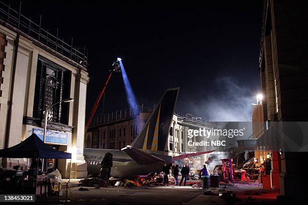 Two Ships" Episode 8 -- Air Date -- Pictured: Cast and Crew working on the plane crash set