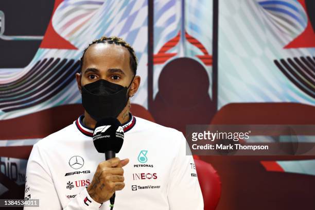 Lewis Hamilton of Great Britain and Mercedes talks in the Drivers Press Conference during Day Three of F1 Testing at Bahrain International Circuit on...