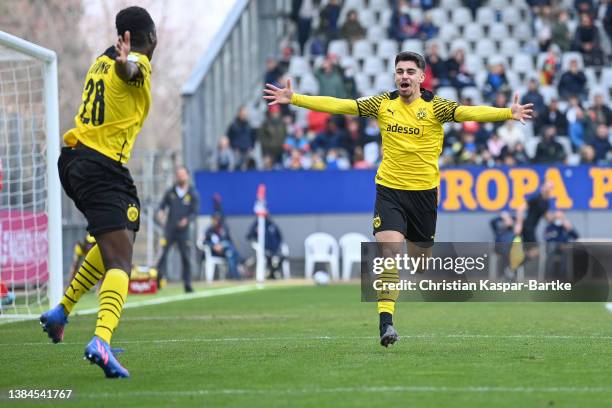 Abu-Bekir El-Zein of Borussia Dortmund U19 celebrates after scoring his team`s second goal with teammates during the DFB Juniors Cup semi final match...