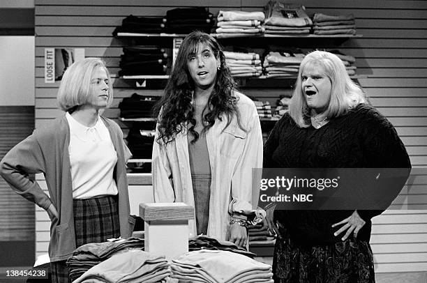 Episode 1 -- Aired -- Pictured: David Spade as Christy Henderson, Adam Sandler as Lucy Brawn and Chris Farley as Cindy Crawford during "The Gap" skit...