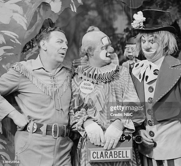 Pictured: Bob Smith as Buffalo Bob Smith, Lew Anderson as Clarabell the Clown and unknown cast member