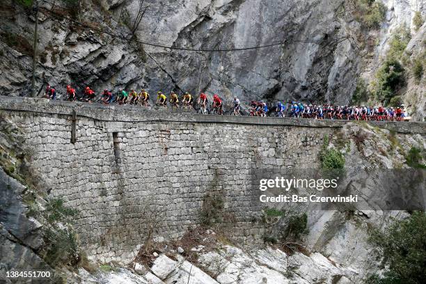 Wout Van Aert of Belgium, Green Points Jersey Primoz Roglic of Slovenia and Team Jumbo - Visma Yellow Leader Jersey and a general view of the peloton...