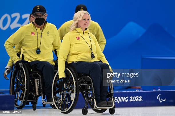 Mats-Ola Engborg and Kristina Ulander during the Wheelchair Curling Gold Medal Game against People's Republic of China on day eight of the Beijing...